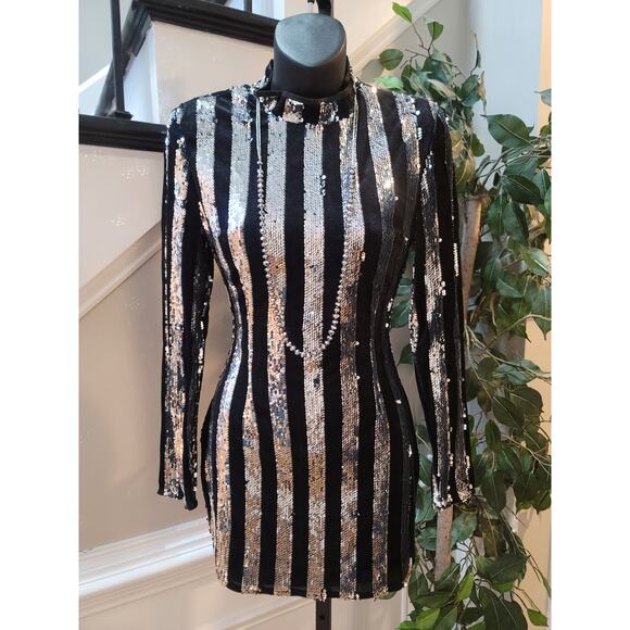 Missguided Petite Sequin Mini Dress US2 Black Silver Long Sleeve Party Cocktail - Picture 2 of 12
